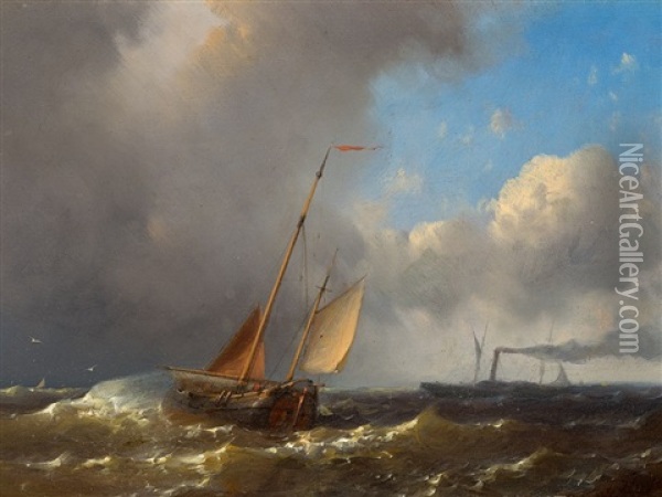 Sailing Boat And Steamer Oil Painting - Abraham Hulk the Elder