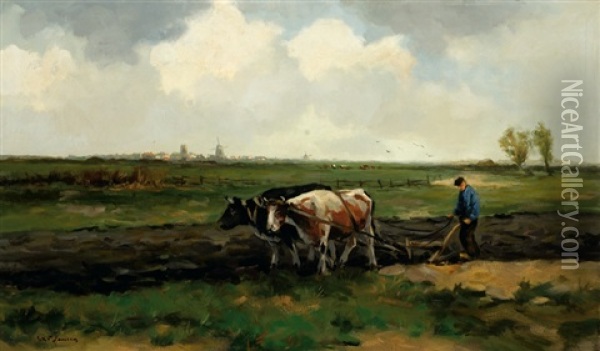 A Ploughing Farmer In A Landscape Oil Painting - Willem George Frederik Jansen