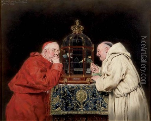 Cardenal Y Fraile Observando Unos Pajarillos En Una Jaula Oil Painting - Antonio Casanova y Estorach