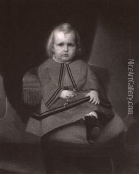 Portrait Of A Child With Blue Eyes And Golden Locks, Wearing A Grey Blue Gown And Seated In A Red Chair Oil Painting - Paul E. Poincy