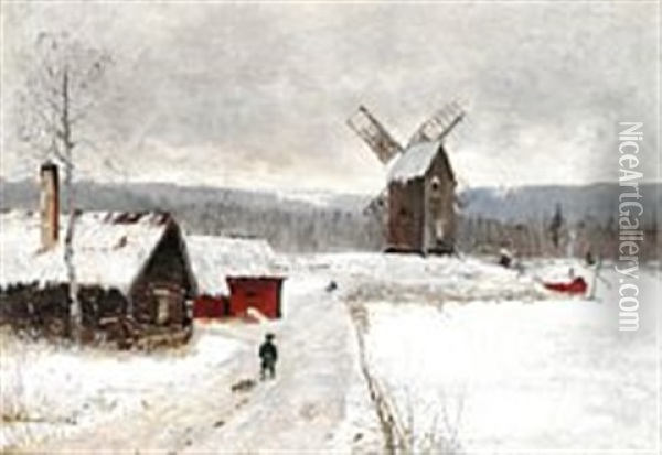 Swedish Winter Landscape With Two Boys With Sledges Oil Painting - Olof Hermelin