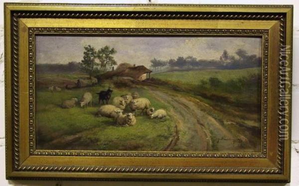 Kudde Schapen Aan Een Landweg. Oil Painting - Jef Louis Van Leemputten