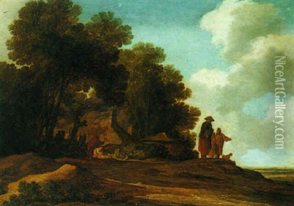 Wooded Landscape With Figures Conversing Beside A Cottage Oil Painting - Pieter De Molijn
