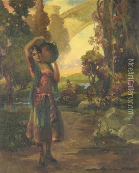 A Spanish Woman Carrying Water Jug Oil Painting - Oscar Theodore Jackman