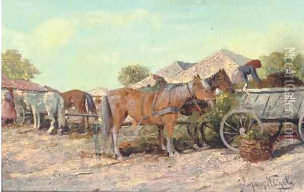 Feeding the horses Oil Painting - Continental School