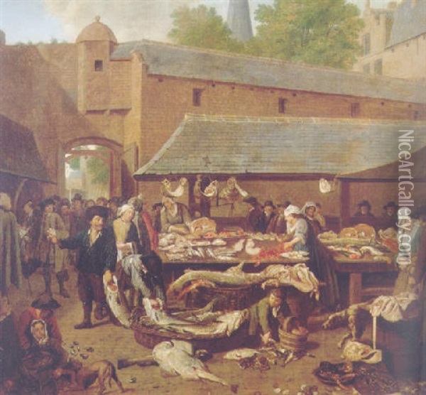 A Fishmarket Oil Painting - Jan Josef Horemans the Elder