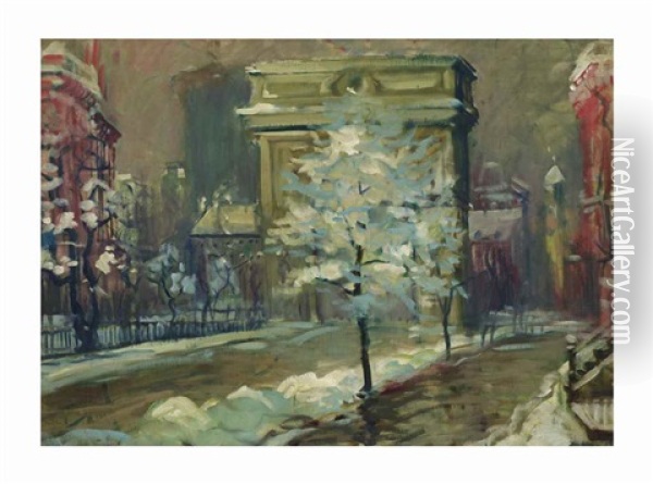 Snowy Day, Washington Square Oil Painting - Arthur Clifton Goodwin