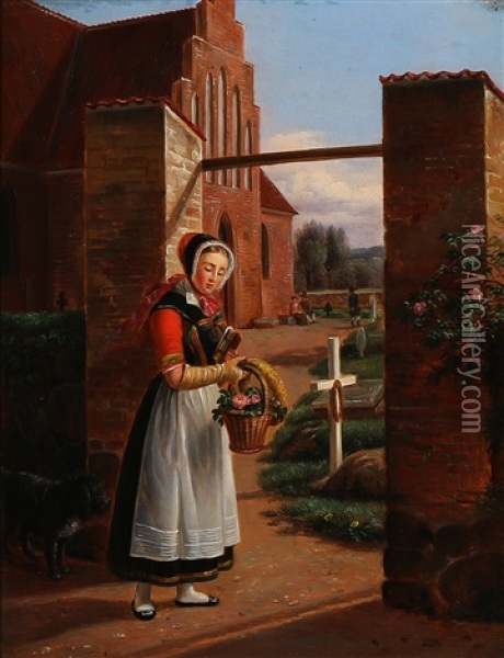 A Woman In A Seeland Folk Costume Standing Near A Churchyard Oil Painting - Peter Julius Larsen