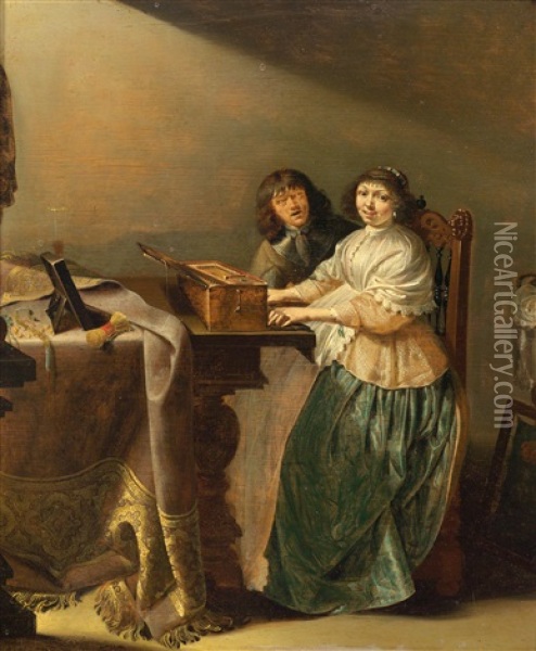 Two Figures At A Clavichord Oil Painting - Jacob Duck