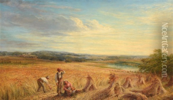 Figures At Rest And Sheathing Corn In An Extensive Landscape Oil Painting - Lionel Townsend Crawshaw