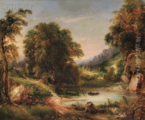 Landscape With Fishermen On A Small Lake Oil Painting - George Loring Brown