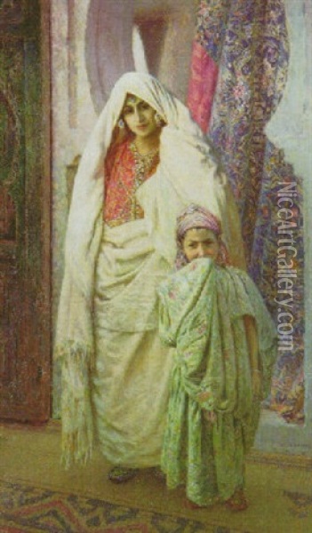 Femme Du Maroc Dans Son Interieur Avec Une Fillette Oil Painting - Louis Auguste Girardot