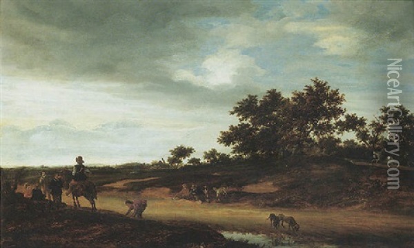 An Open Landscape With Figures Resting By The Roadside With Two Hunting Dogs Drinking Before A Pool Of Water Oil Painting - Jacob Salomonsz van Ruysdael