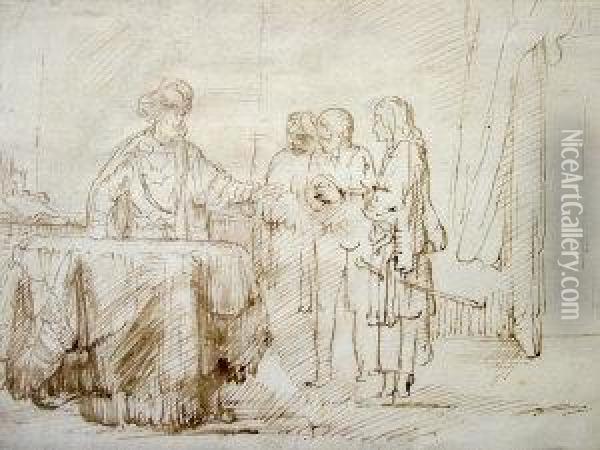 Figures Gathered Before A Nobleman Oil Painting - Rembrandt Van Rijn