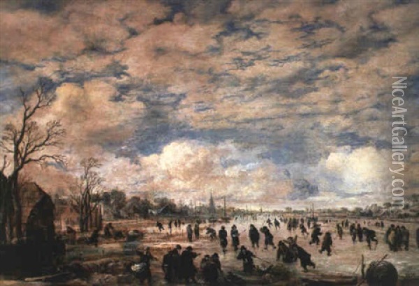 Skaters And Kolf Players On A Frozen Waterway Oil Painting - Aert van der Neer