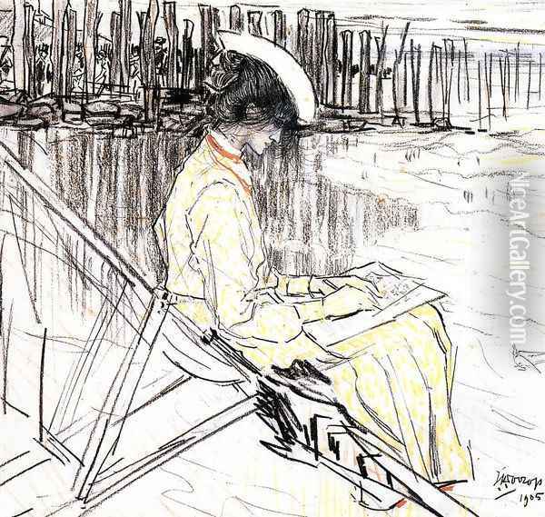 Portrait of Emma Bellwidt on the Beach at Domburg Oil Painting - Jan Toorop