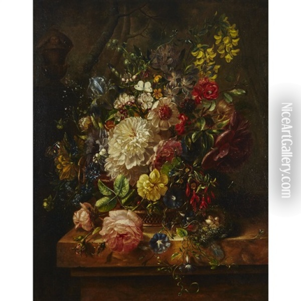 Floral Still Life In A Basket With A Bird
