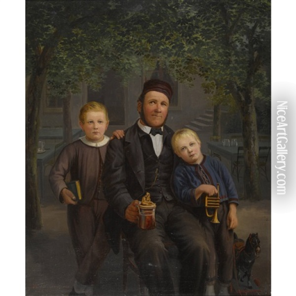 Pere Avec Ses Deux Fils Oil Painting - Jakob Henri Fischer-Hinnen