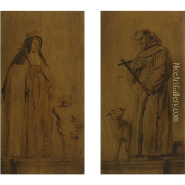 Saint Jeanne De Valois Holding A Crucifix, With The Christ Child Running Up To Her (+ Saint Francis Of Assisi Holding A Crucifix; Pair) Oil Painting - Abraham van Diepenbeeck