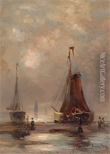Barges On The Beach Oil Painting - Jacob Willem Gruyter