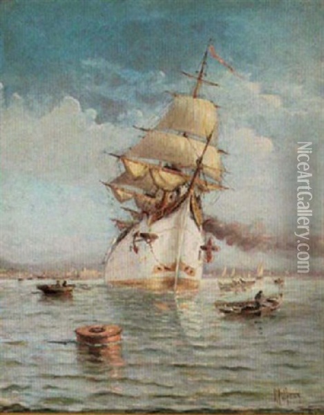 A Magnificent Steam-sailership Leaving Port Under Full Power And Billowing Sails Oil Painting - Henri Malfroy-Savigny