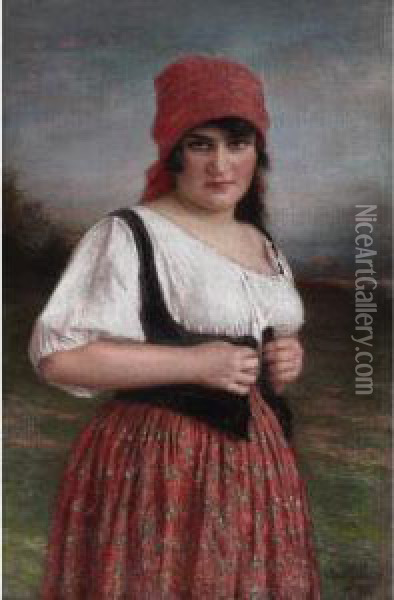 Peasant Girl Oil Painting - Josef Zenisek