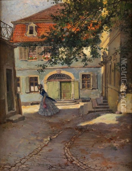 Sonnenbeschienener, Biedermeierlicher Gebaudehof Mit Junger Dame In Langem Kleid Oil Painting - Carl Leopold Voss
