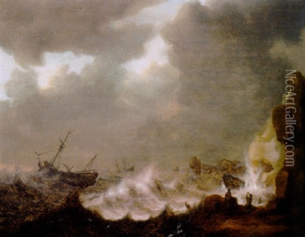 A Gale: Threemasters Foundering Off A Rocky Coast With Castaways Oil Painting - Hendrick Jacobsz Staets