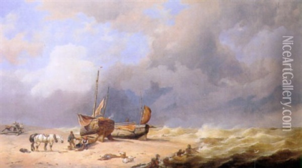 Fisherfolk Mending The Nets By Their Beached Vessels Oil Painting - Thomas Francis Wainewright