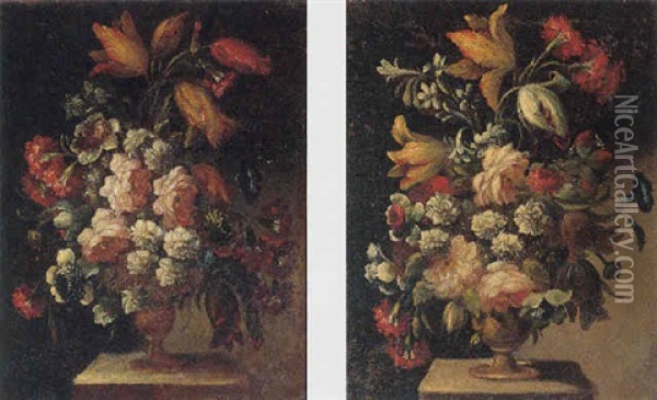 Still Life Of Mixed Flowers In A Gilt Urn, Upon A Stone Pedestal Oil Painting - Niccola Giuli