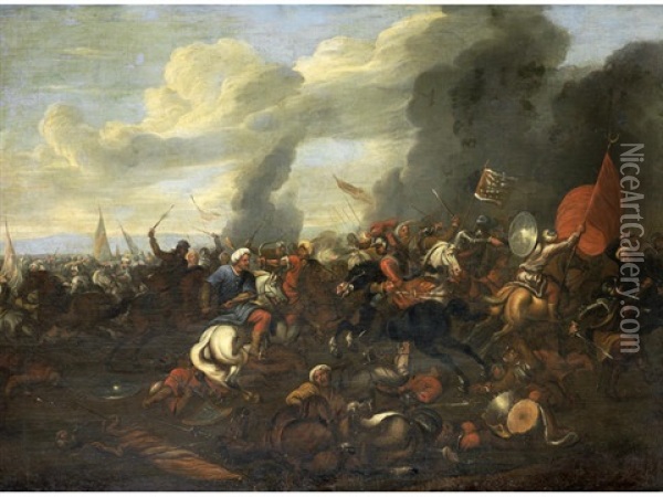 A Cavalry Skirmish Between Turks And Christians Oil Painting - Antonio Calza