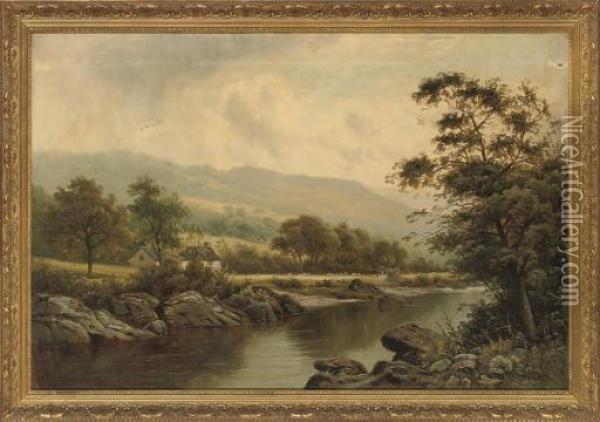 Cattle And Sheep Grazing Beside A Quiet Stretch Of River Oil Painting - Thomas Spinks