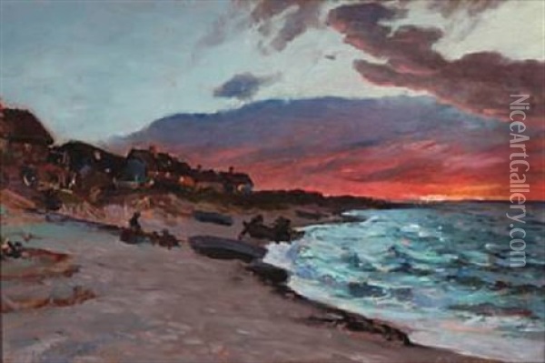 Sunset At Tisvildeleje Beach Oil Painting - Viggo Pedersen