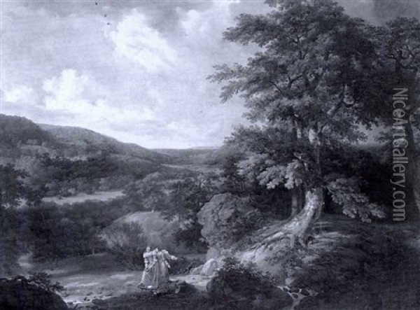 Figures In An Extensive Wooded Landscape Oil Painting - Alexis-Francois Boyenval