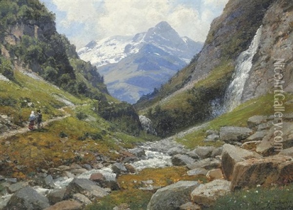 Bauernpaar Auf Einem Weg In Den Alpen Oil Painting - Josef Schoyerer