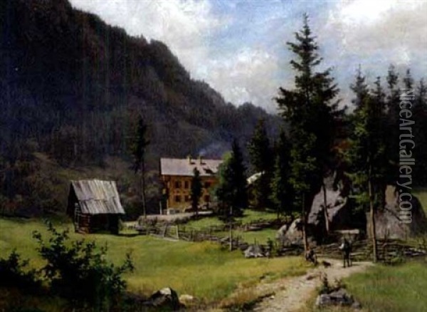 Gebirgstal Mit Bauernhaus Oil Painting - Ludwig Correggio