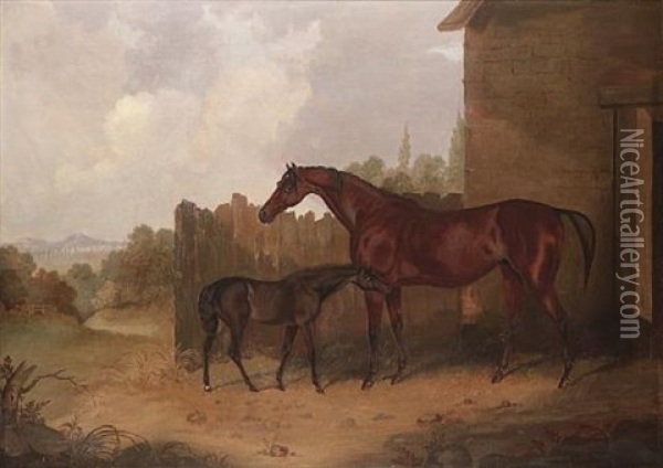 "georgiana", A Bay Racehorse, And Her Foal, "sir Henry" By "walton", Before A Stable In A Landscape Oil Painting - Edwin Cooper