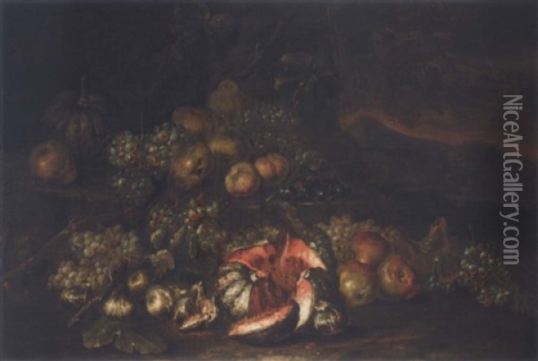 Still Life With Grapes, Figs And Pomegranates Oil Painting - Joseph Teal Cooper