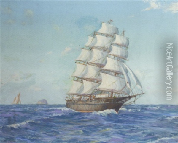 A Three-master Running Downwind With Ailsa Craig Off Her Stern Oil Painting - Tom Campbell
