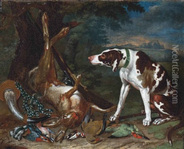 A Pointer With A Hare, A Musket, A Hunting Horn, Finches And Other Birds, In A Landscape Oil Painting - Johann Georg de Hamilton