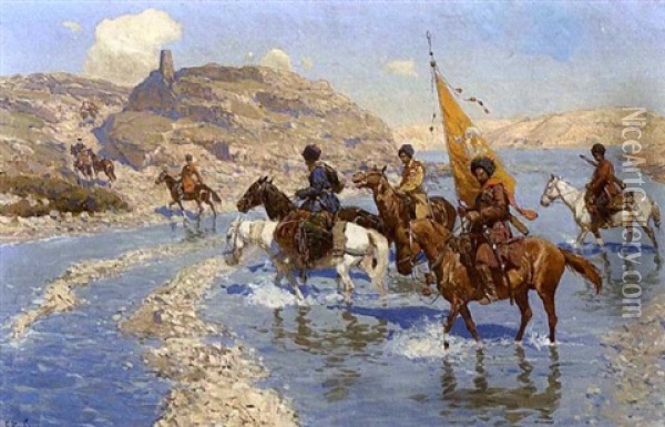 Tscherkessen Zu Pferd Beim Durchqueren Einer Furt Im Kaukasus Oil Painting - Franz Roubaud