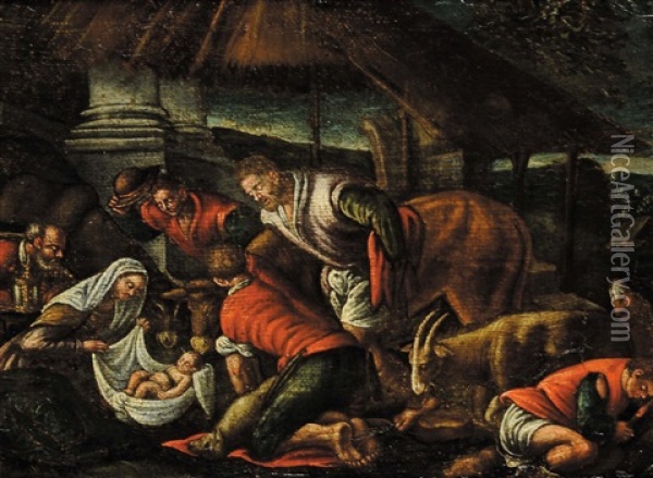 Nativita E Paesaggio Con Figure Ed Armenti (pair) Oil Painting - Jacopo dal Ponte Bassano