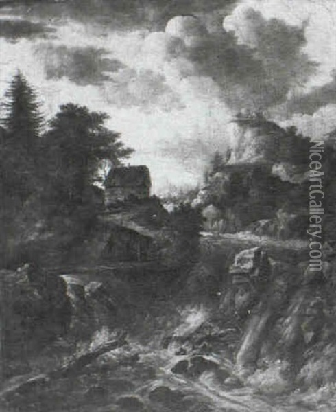 A Wooded River Landscape With A Cascade Oil Painting - Jacob Van Ruisdael