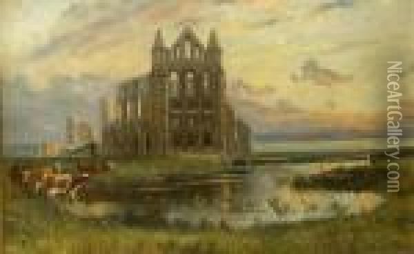 Whitby Abbey With Cattle Grazing Oil Painting - John Syer