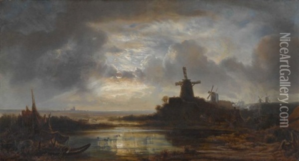 Hollandische Kustenlandschaft Bei Mondlicht Oil Painting - Remigius Adrianus van Haanen