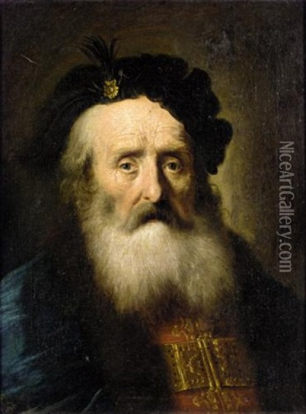 Portrait Of An Elderly Gentleman Wearing A Blue Fur Lined Cloak, A Gold Embroidered Red Jacket And A Black Hat Oil Painting - Christian Wilhelm Ernst Dietrich