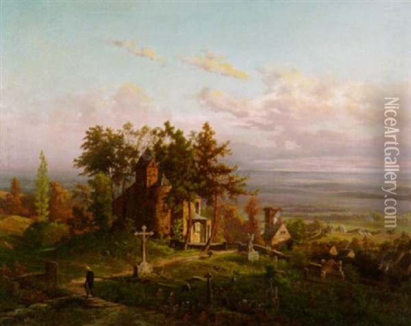 Romanische Kapelle Und Friedhof Auf Einer Anhohe Oil Painting - Alfred Von Ernst