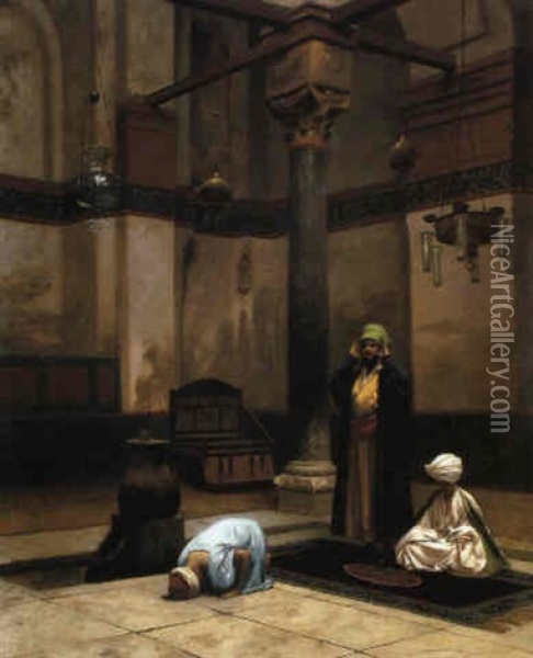 Trois Personnages Priant Dans Un Coin De Mosquee Oil Painting - Jean-Leon Gerome