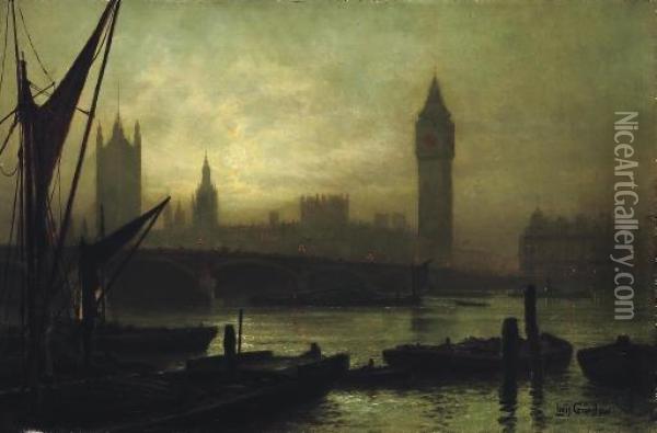 Westminster Bridge, With The Houses Of Parliament Beyond Oil Painting - Louis H. Grimshaw