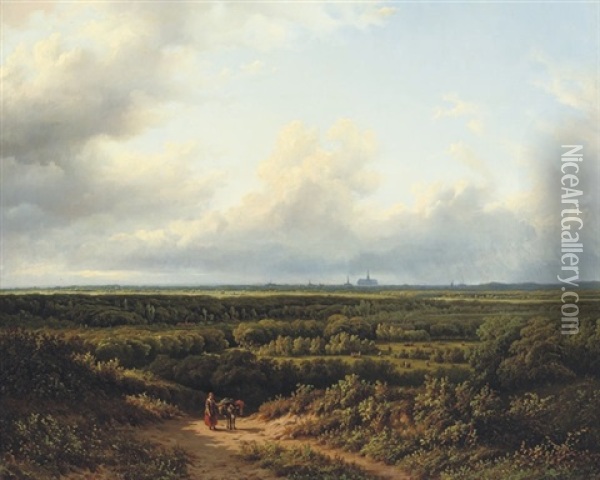 Figures In An Extensive Summer Landscape With Haarlem In The Distance Oil Painting - Georg Andries Roth